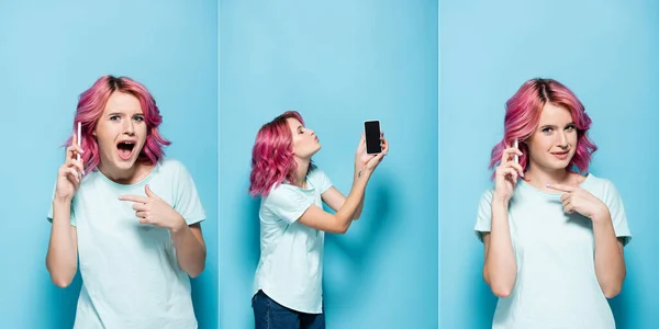 Pembe Saçlı Genç Bir Kadının Kolajı Mavi Arka Planda Konuşuyor — Stok fotoğraf