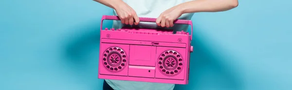 Cropped View Young Woman Holding Vintage Tape Recorder Blue Background — Stock Photo, Image