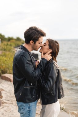 Sahilde öpüşen deri ceketli çiftin yan görüntüsü 