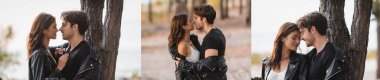 Collage of couple in leather jackets kissing and embracing in forest  clipart