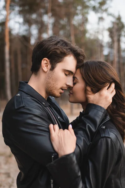 Side View Young Man Touching Hair Girlfriend Leather Jacket Forest — Stock Photo, Image
