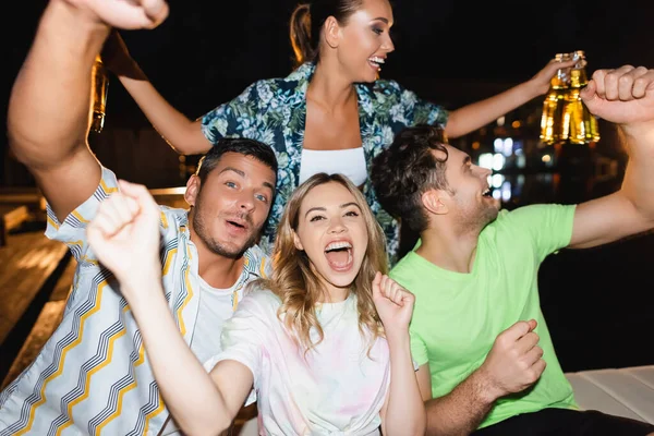 Selective Focus Excited Friends Beer Party Outdoors Night — Stock Photo, Image