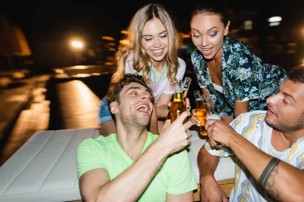 Selective Focus Couples Toasting Beer Party Outdoors Night — Stock Photo, Image
