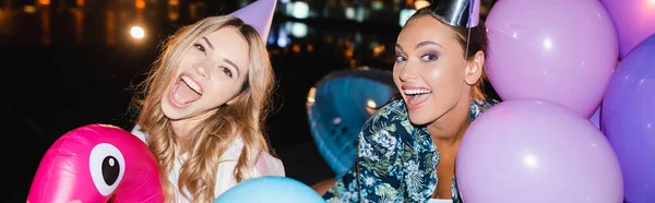 Website Header Friends Party Caps Having Fan Balloons Night — Stock Photo, Image