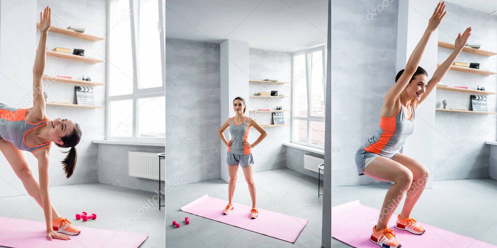 Collage of sportswoman working out on fitness mat near dumbbells at home