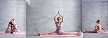 Sporcu kadın kolajı bölünmüş ve evde spor paspası üzerinde antrenman yapıyor.
