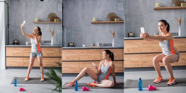 Collage of young sportswoman using smartphone and taking selfie while exercising in kitchen  clipart