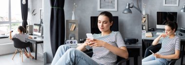 Evde masanın yanındaki bilgisayarın yanında akıllı telefon kullanan genç serbest çalışan kolajı 