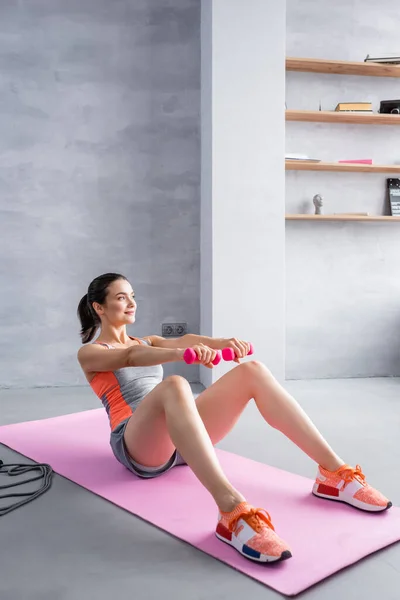 Young Adult Woman Dumbbells Doing Abs Fitness Mat Home — Stock Photo, Image