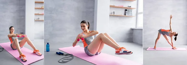 Collage Sportswoman Exercising Fitness Mat Sport Equipment Home — Stock Photo, Image