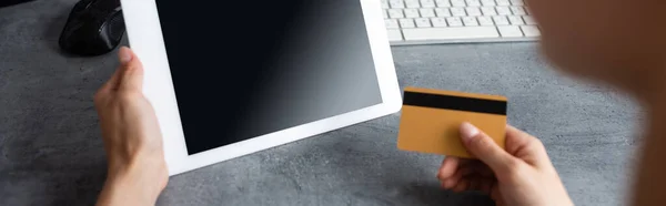 Website Header Freelancer Holding Digital Tablet Credit Card While Working — Stock Photo, Image