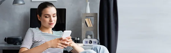 Website Header Woman Using Smartphone Home — Stock Photo, Image