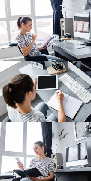 Collage Von Freelancer Mit Gadgets Und Schreiben Auf Notizbuch Hause — Stockfoto