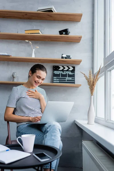 Selective Focus Brunette Freelancer Using Laptop Smartphone Blank Screen Cup — Stock Photo, Image