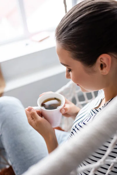 Selective Focus Woman Holding Cup Tea Hanging Armchair — Stock Photo, Image