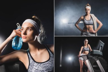 Spor kadın kolajı koşu bandında duruyor, spor salonunda bir şişe su ve ip tutuyor. 