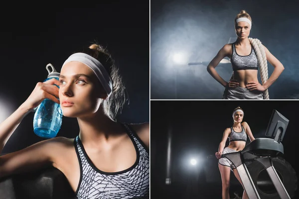 Collage Deportista Pie Cinta Correr Sosteniendo Botella Agua Cuerdas Gimnasio — Foto de Stock