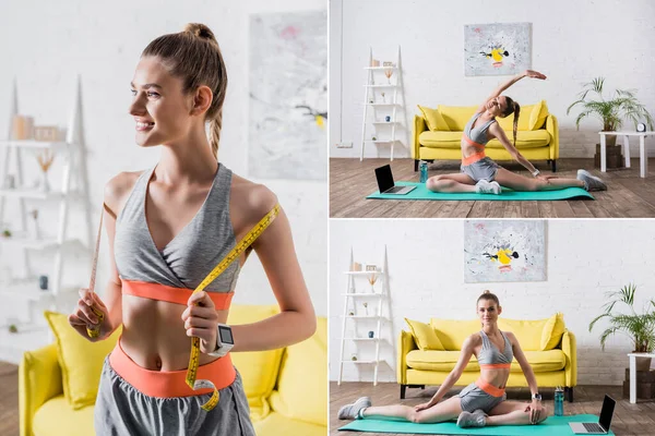 Collage Sportswoman Standing Measuring Tape Training Home — Stock Photo, Image