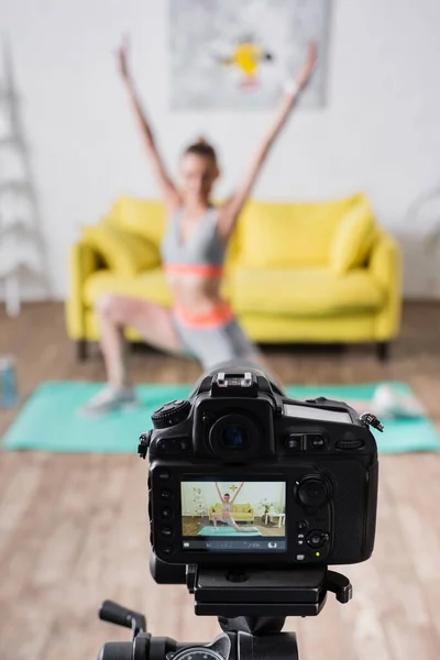 Selective Focus Young Sportswoman Exercising Digital Camera Tripod Home — Stock Photo, Image