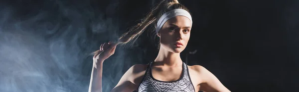 Panoramic Shot Sportswoman Touching Hair Gym Smoke — Stock Photo, Image