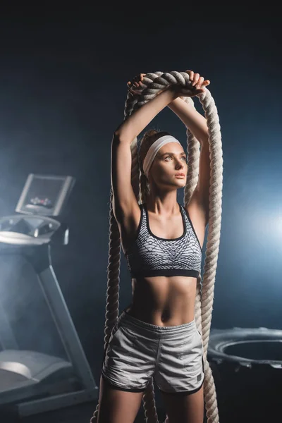 Sportswoman Holding Battle Rope While Standing Gym Smoke — Stock Photo, Image