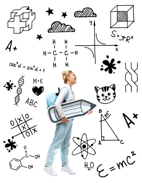 Child with backpack holding paper pencil near math illustration on white 