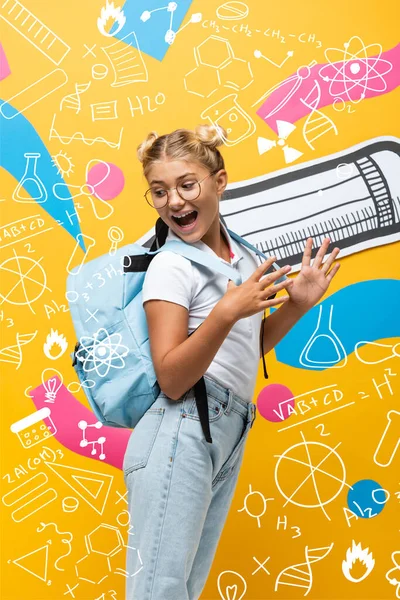 Excited Schoolgirl Eyeglasses Looking Away Paper Cut Pencil Multicolored Elements — Stock Photo, Image