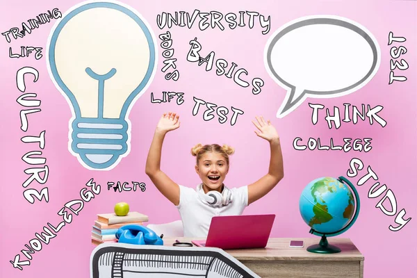 Schoolkid Raised Hands Sitting Gadgets Globe Illustration Paper Artwork Pink — Stock Photo, Image