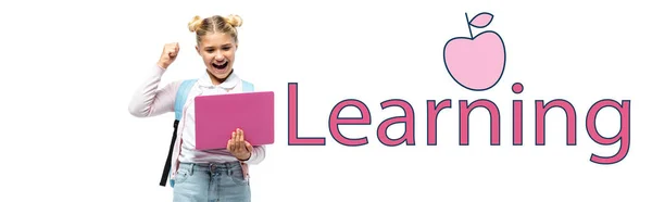 Horizontal Crop Excited Kid Showing Yeah While Holding Laptop Learning — Stock Photo, Image