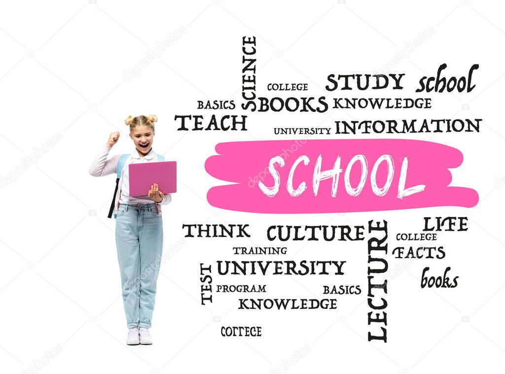 Schoolgirl holding laptop and showing yes gesture near illustration and school lettering on white background