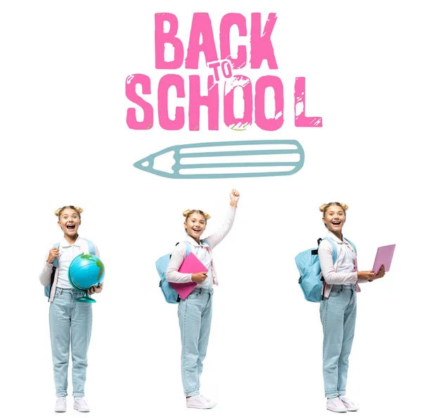 Collage Von Schulmädchen Mit Globus Rucksack Und Laptop Schulnähe Auf — Stockfoto