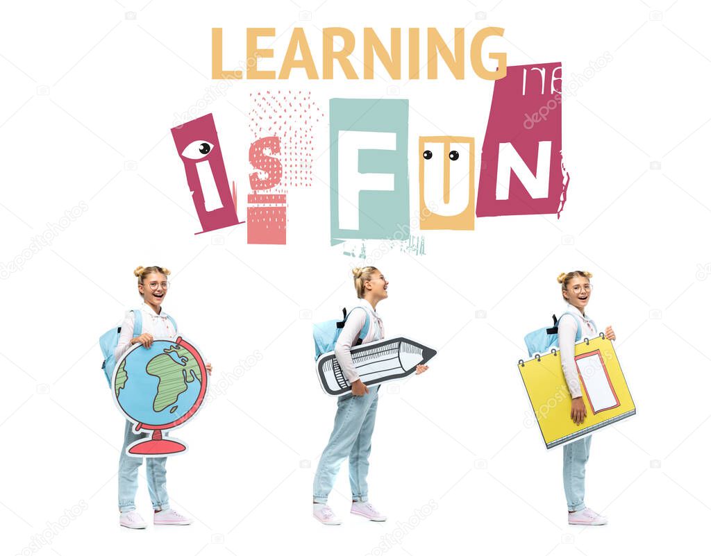 Collage of schoolkid holding paper globe, pencil and notebook near learning is fun lettering on white background