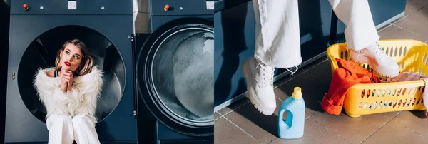 Collage Einer Verträumten Frau Weißer Kunstpelzjacke Die Der Öffentlichen Waschmaschine — Stockfoto