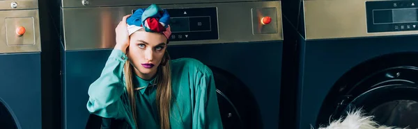 Stylish Woman Touching Turban Laundromat Banner — Stock Photo, Image