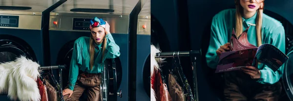 Collage Young Stylish Woman Turban Holding Magazine Laundromat — Stock Photo, Image