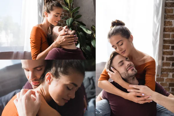 Collage Mujer Joven Hombre Abrazando Mientras Está Sentado Sofá Casa — Foto de Stock