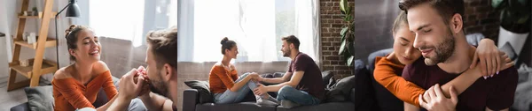 stock image collage of young couple embracing, holding hands and talking while sitting on sofa, banner