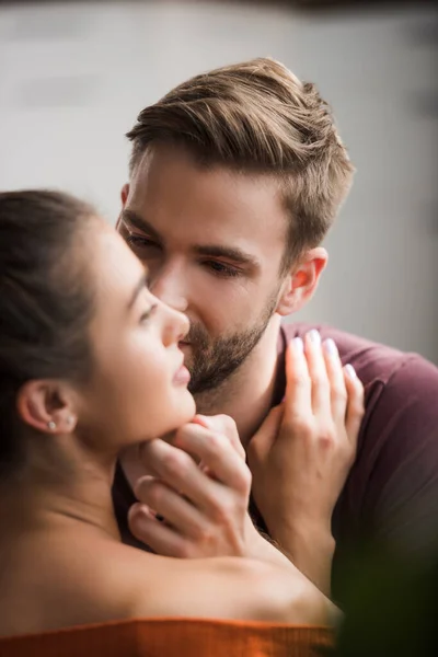 Tender Man Touching Face Beloved Woman Blurred Foreground — Stock Photo, Image