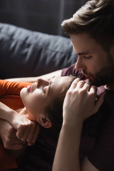 Tender Man Touching Head Beloved Woman While Calming Her Home — Stock Photo, Image