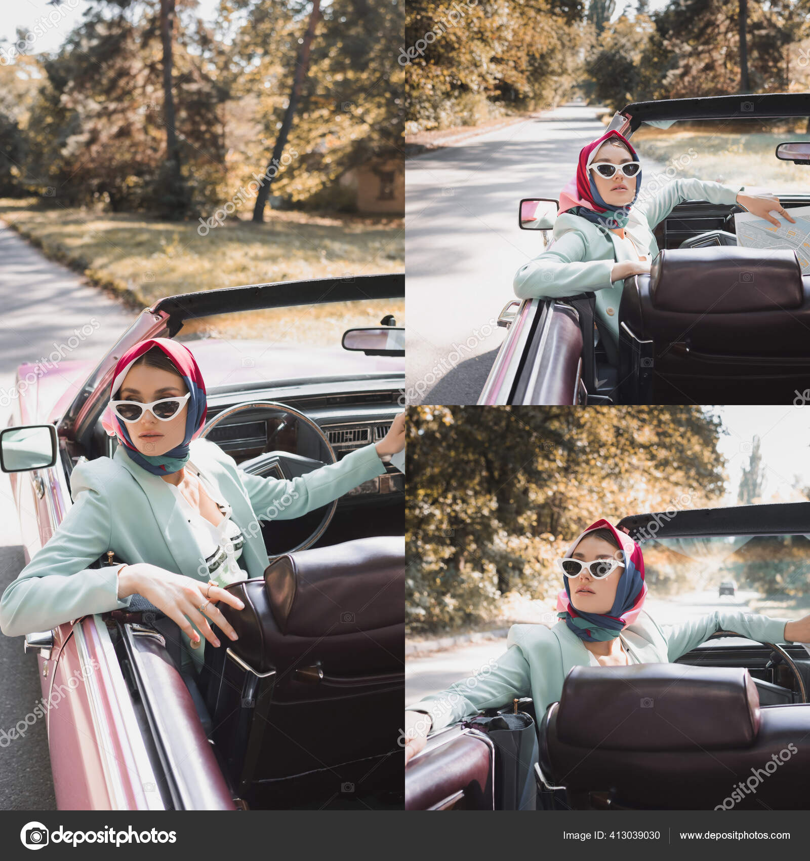Collage Stylish Woman Map Sitting Car Road Background Stock Photo by  ©HayDmitriy 413039030