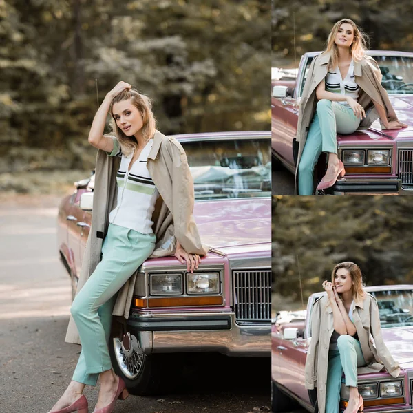 Cabriolet Arabasının Yanında Duran Ceketli Genç Kadın Kolajı — Stok fotoğraf