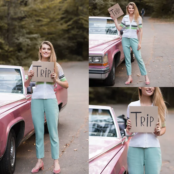 Collage Mujer Sonriente Sosteniendo Tarjeta Con Letras Viaje Cerca Auto — Foto de Stock