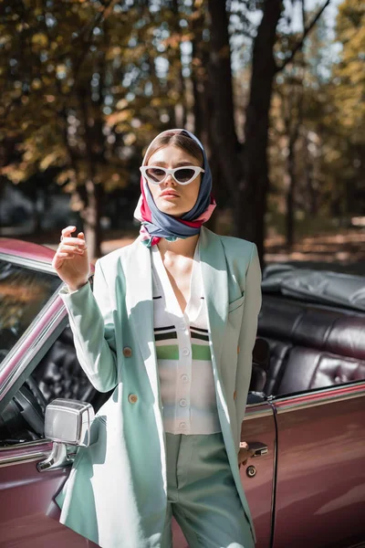 Fashionable Woman Sunglasses Standing Cabriolet Car Outdoors — Stock Photo, Image