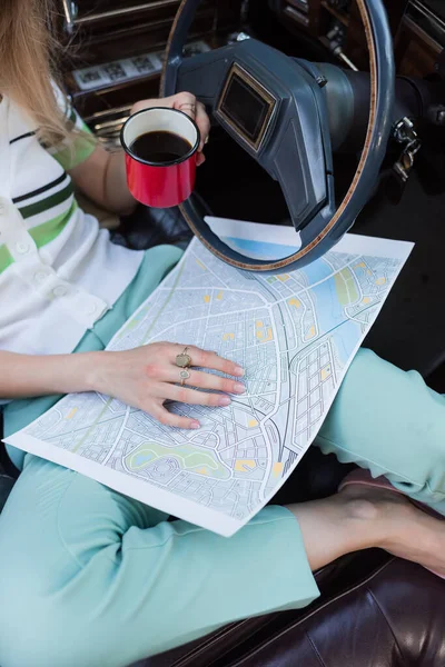 Cropped View Woman Holding Map Cup Coffee Car — Stock Photo, Image