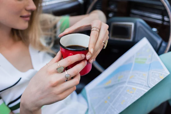 Cropped View Young Woman Holding Cup Coffee Looking Road Map — Stock Photo, Image