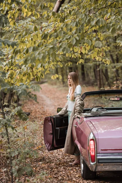 Cabriolet Ormandaki Açık Kapısının Yanında Duran Şık Bir Kadın Gözlerini — Stok fotoğraf