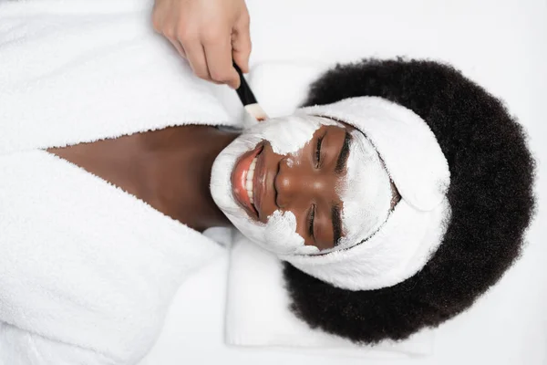 Top View Happy African American Woman Lying Man Applying Face — Stock Photo, Image