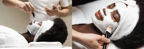 Collage African American Woman Headband Lying Spa Therapist Applying Face — Stock Photo, Image