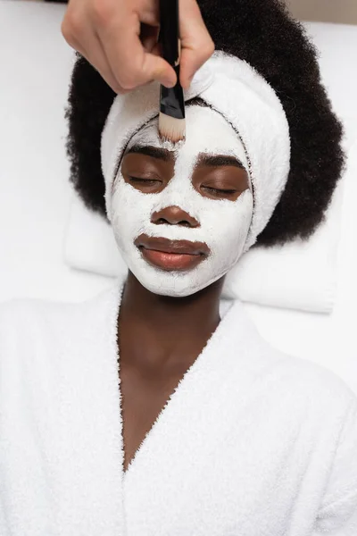 Top View Positive African American Woman Wearing Bathrobe Lying Spa — Stock Photo, Image