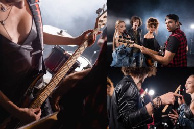 KYIV, UKRAINE - AUGUST 25, 2020: Collage of musicians looking at camera, drummer holding drumstick, woman playing electric guitar near drum kit clipart